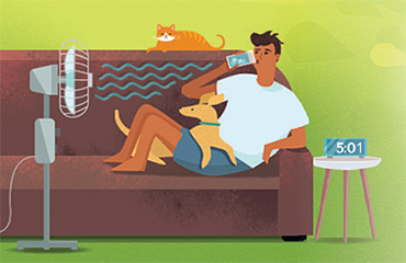 Illustration of man on the couch with his dog and cat cooling off in front of a fan.