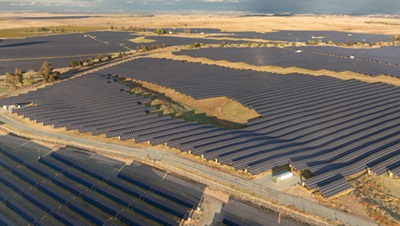 Overhead shot of an array of solar panels.