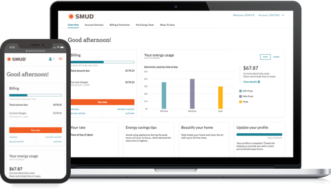 Custom graphic of a laptop and phone showing the SMUD My Account dashboard