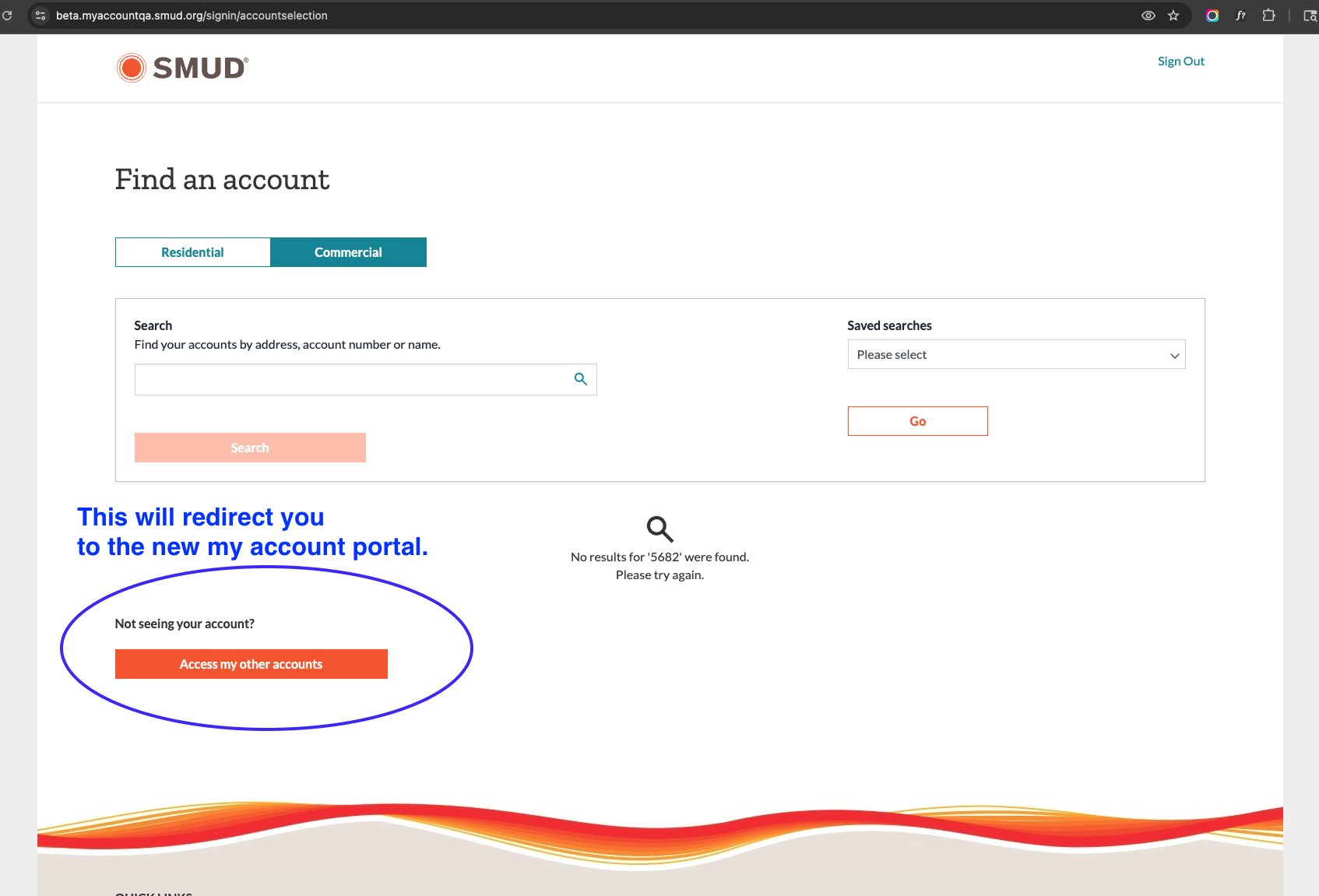 Screenshot of the account selection screen with orange button to redirect to the new my account portal