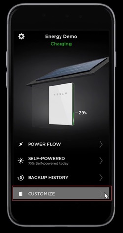 Customize option on Tesla app