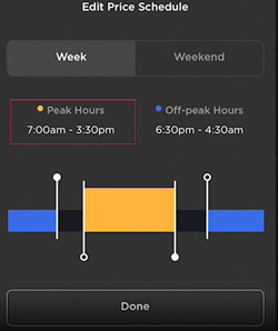 Peak hours screen shot in Tesla app