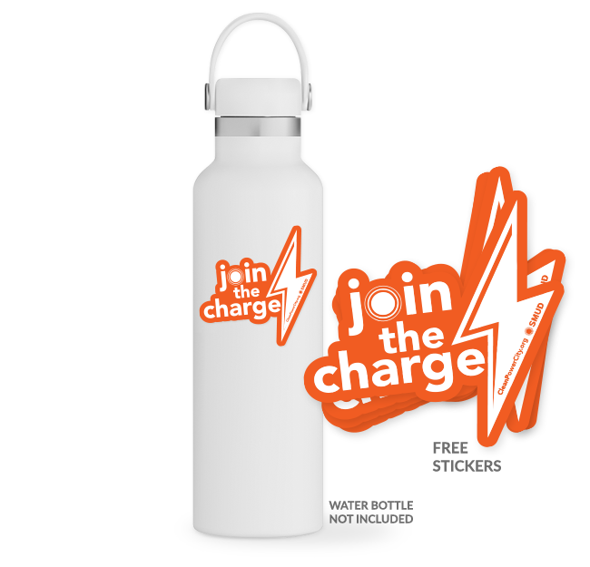 Clean power join the charge sticker affixed to a white water bottle.