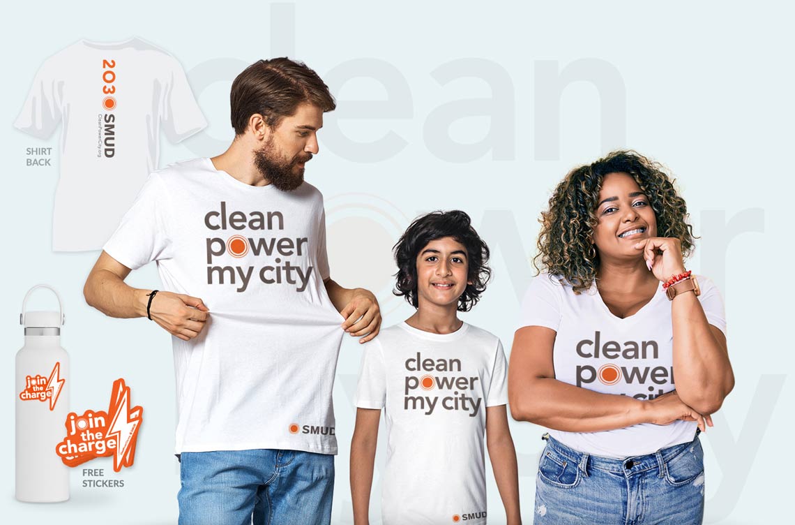 3 people wearing white shirts that say Clean Power My City on it. Picture of a white water bottle with an orange and white sticker that says Join the Charge.